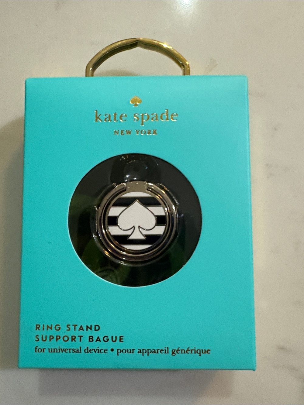 kate spade black & white striped spade phone ring stand with gold-tone trim